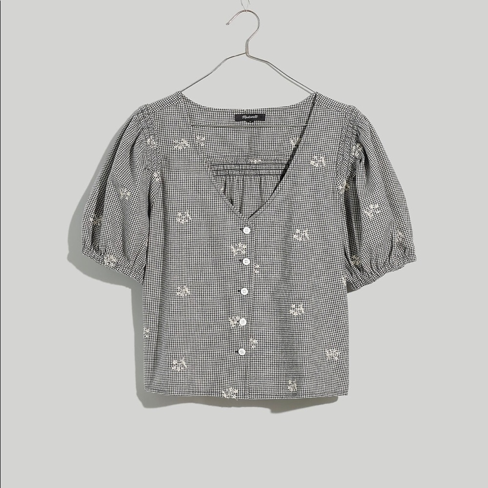 Madewell | Embroidered Flannel Bubble-Sleeve Crop Shirt | size: s